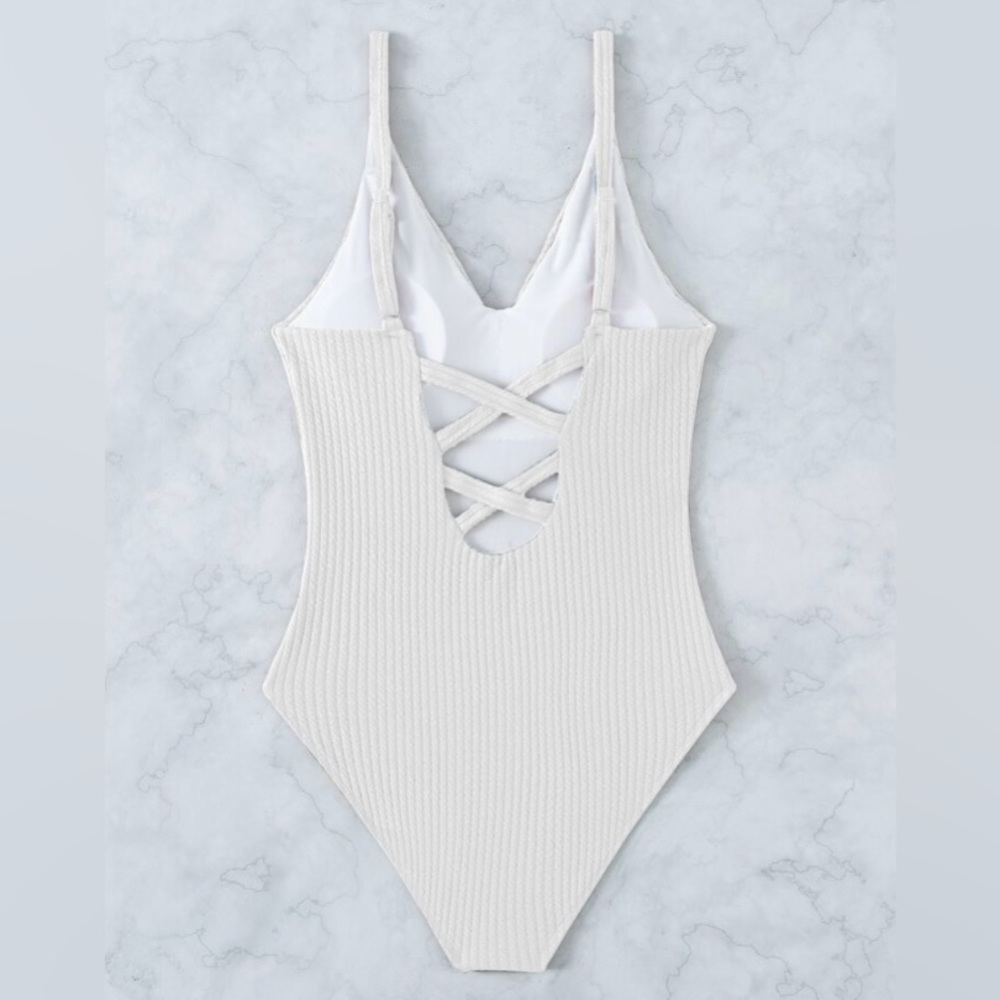 White Knit One Piece Bikini | Sexy Crisscross Back Swimsuit